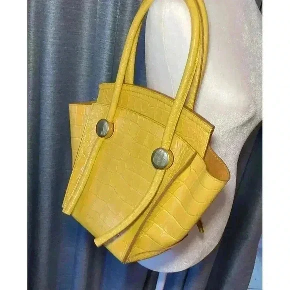 Proenza Schouler Croc Embossed Leather Pipe Tote Bag Small Yellow Citrus Purse - Picture 15 of 15